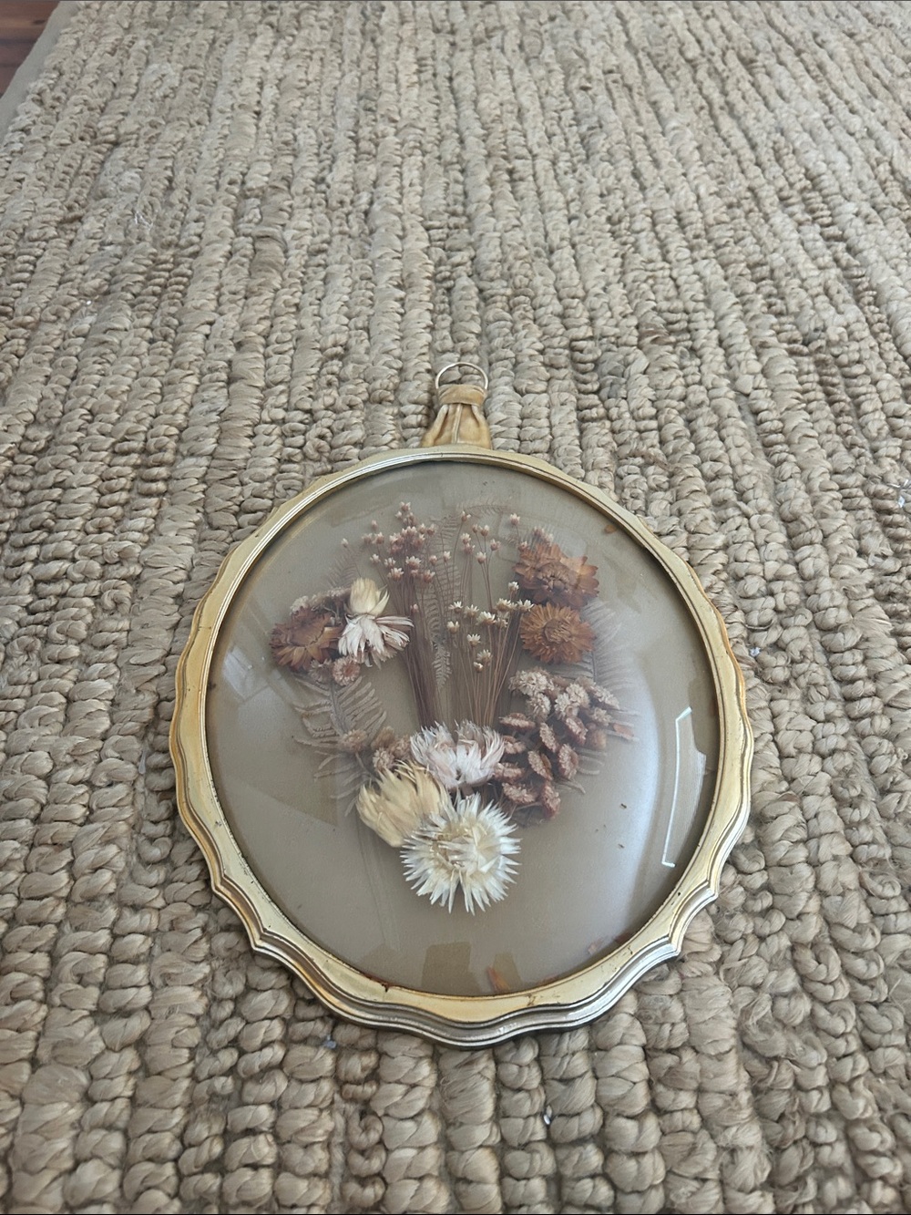 Vintage Made in Italy Dried Floral Wall Art Convex Glass Gold Frame